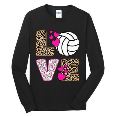 Cute Love Volleyball Leopard Print Women Ladies Volleyball Tall Long Sleeve T-Shirt