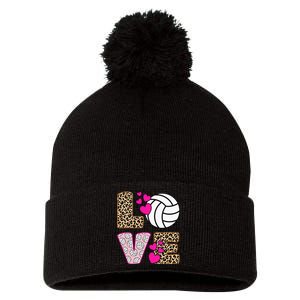 Cute Love Volleyball Leopard Print Women Ladies Volleyball Pom Pom 12in Knit Beanie