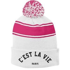 CEst La Vie Paris France Summer Stripe Pom Pom Beanie