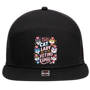 Cat Lady Voting For Kamala Harris 2024 1st Female President 7 Panel Mesh Trucker Snapback Hat