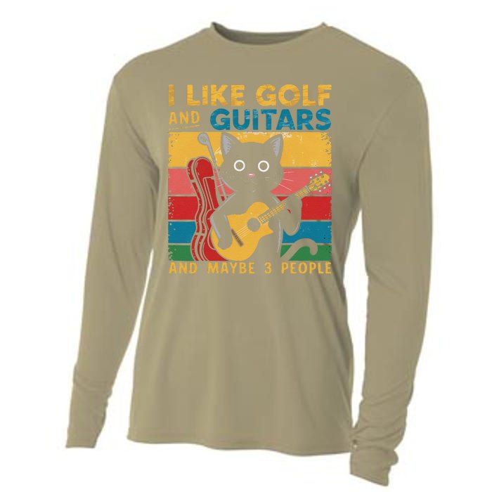 Cat Lover Vintage I Like Golf And Guitars And Maybe 3 People Cooling Performance Long Sleeve Crew