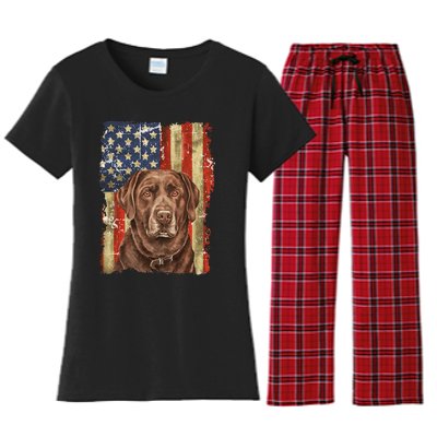 Chocolate Lab With USA Flag Gift  Women's Flannel Pajama Set