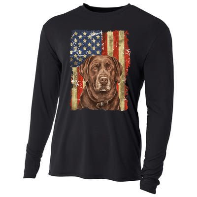 Chocolate Lab With USA Flag Gift  Cooling Performance Long Sleeve Crew