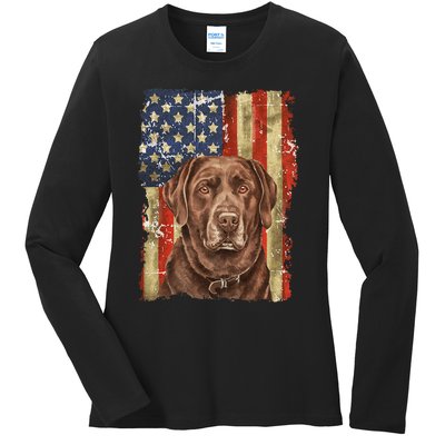 Chocolate Lab With USA Flag Gift  Ladies Long Sleeve Shirt