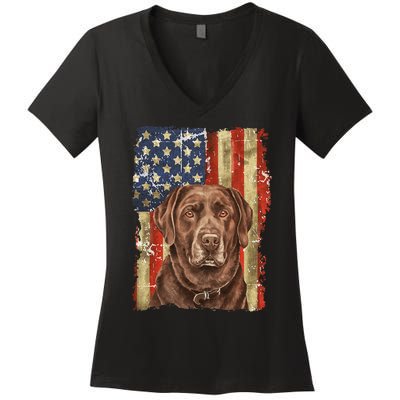 Chocolate Lab With USA Flag Gift  Women's V-Neck T-Shirt