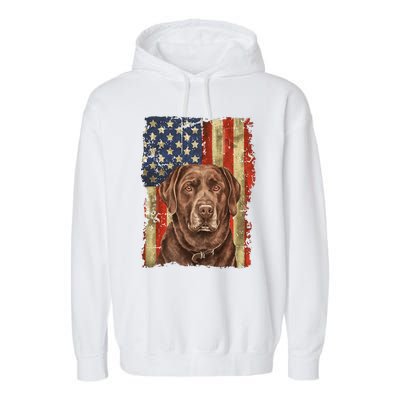 Chocolate Lab With USA Flag Gift  Garment-Dyed Fleece Hoodie