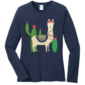 Cute Llama With Flower Cactus Llama Lover Gift Ladies Long Sleeve Shirt