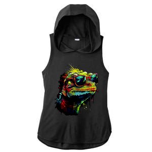 Colorful Lizard With Sunglasses Ladies PosiCharge Tri-Blend Wicking Draft Hoodie Tank