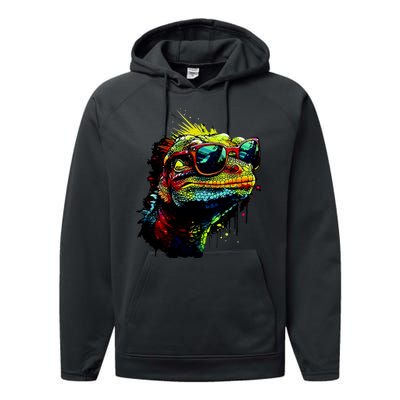 Colorful Lizard With Sunglasses Performance Fleece Hoodie