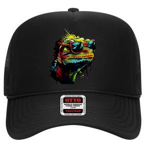 Colorful Lizard With Sunglasses High Crown Mesh Back Trucker Hat