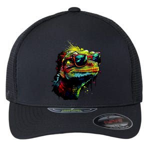 Colorful Lizard With Sunglasses Flexfit Unipanel Trucker Cap