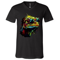 Colorful Lizard With Sunglasses V-Neck T-Shirt