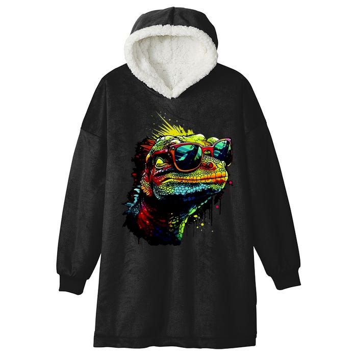 Colorful Lizard With Sunglasses Hooded Wearable Blanket