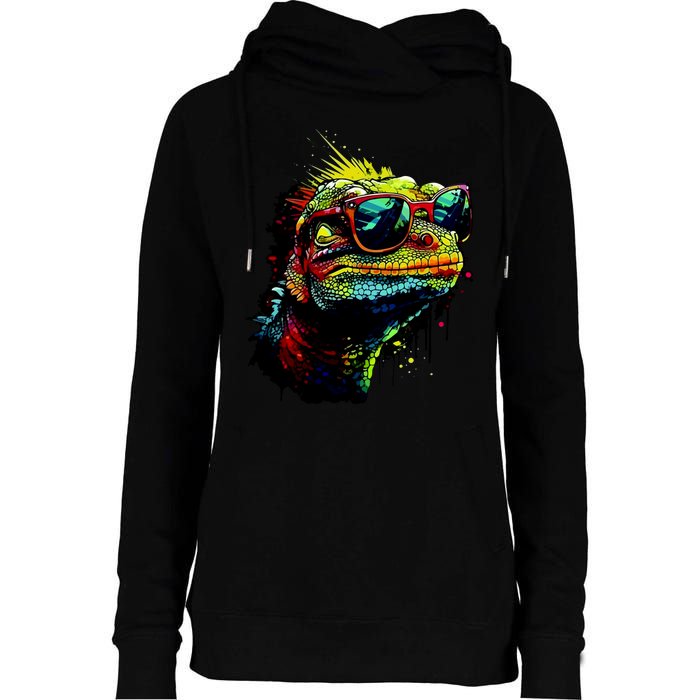 Colorful Lizard With Sunglasses Womens Funnel Neck Pullover Hood