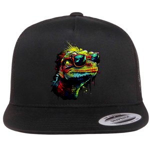 Colorful Lizard With Sunglasses Flat Bill Trucker Hat