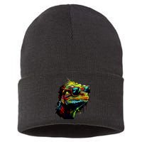 Colorful Lizard With Sunglasses Sustainable Knit Beanie