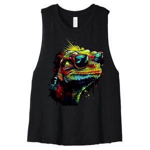 Colorful Lizard With Sunglasses Women's Racerback Cropped Tank