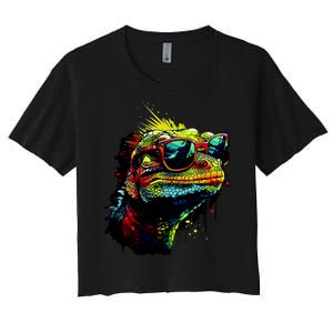 Colorful Lizard With Sunglasses Women's Crop Top Tee