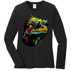 Colorful Lizard With Sunglasses Ladies Long Sleeve Shirt