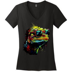 Colorful Lizard With Sunglasses Women's V-Neck T-Shirt