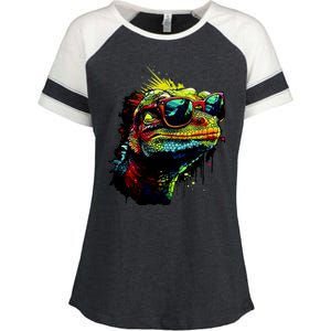 Colorful Lizard With Sunglasses Enza Ladies Jersey Colorblock Tee