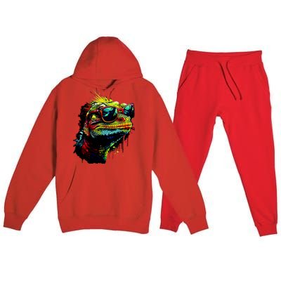 Colorful Lizard With Sunglasses Premium Hooded Sweatsuit Set