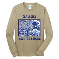 Cat Ladies Wave For Kamala Funny Cat President 2024 Tall Long Sleeve T-Shirt