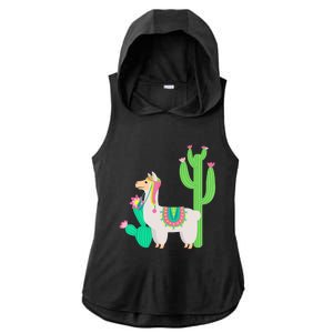 Cute Llama With Flower & Cactus Funny Camelid Lovers Outfit Ladies PosiCharge Tri-Blend Wicking Draft Hoodie Tank