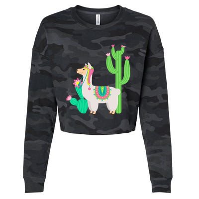 Cute Llama With Flower & Cactus Funny Camelid Lovers Outfit Cropped Pullover Crew