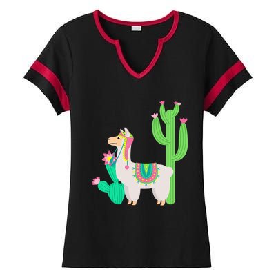 Cute Llama With Flower & Cactus Funny Camelid Lovers Outfit Ladies Halftime Notch Neck Tee