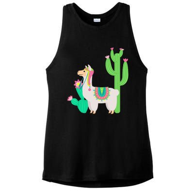 Cute Llama With Flower & Cactus Funny Camelid Lovers Outfit Ladies PosiCharge Tri-Blend Wicking Tank