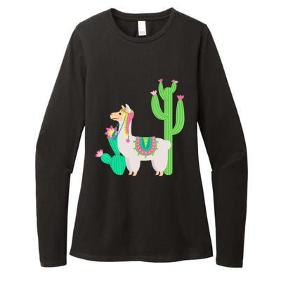 Cute Llama With Flower & Cactus Funny Camelid Lovers Outfit Womens CVC Long Sleeve Shirt