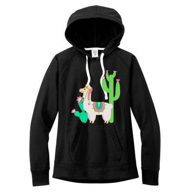 Cute Llama With Flower & Cactus Funny Camelid Lovers Outfit Women's Fleece Hoodie