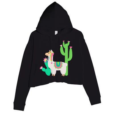 Cute Llama With Flower & Cactus Funny Camelid Lovers Outfit Crop Fleece Hoodie