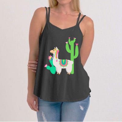 Cute Llama With Flower & Cactus Funny Camelid Lovers Outfit Women's Strappy Tank