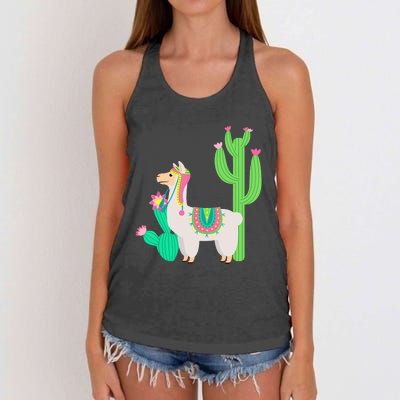 Cute Llama With Flower & Cactus Funny Camelid Lovers Outfit Women's Knotted Racerback Tank