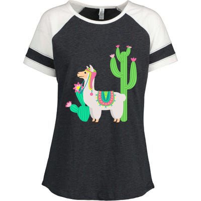 Cute Llama With Flower & Cactus Funny Camelid Lovers Outfit Enza Ladies Jersey Colorblock Tee