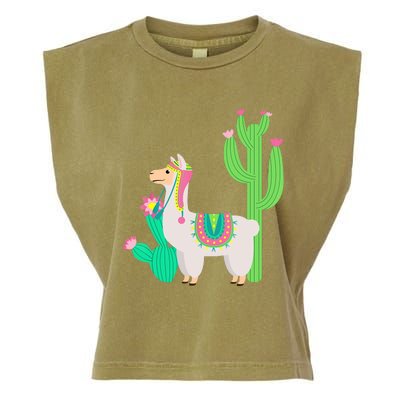 Cute Llama With Flower & Cactus Funny Camelid Lovers Outfit Garment-Dyed Women's Muscle Tee