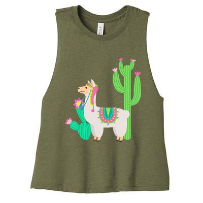 Cute Llama With Flower & Cactus Funny Camelid Lovers Outfit Women's Racerback Cropped Tank