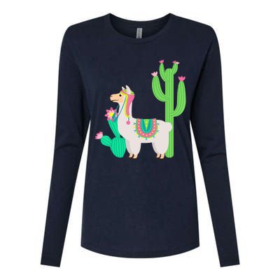 Cute Llama With Flower & Cactus Funny Camelid Lovers Outfit Womens Cotton Relaxed Long Sleeve T-Shirt