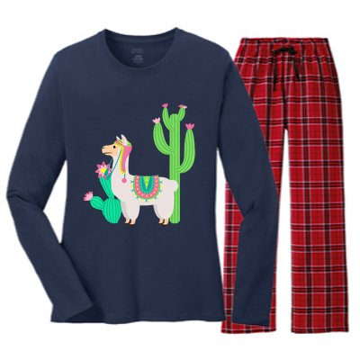 Cute Llama With Flower & Cactus Funny Camelid Lovers Outfit Women's Long Sleeve Flannel Pajama Set 