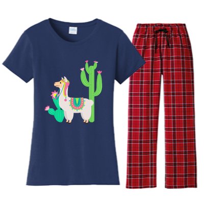 Cute Llama With Flower & Cactus Funny Camelid Lovers Outfit Women's Flannel Pajama Set