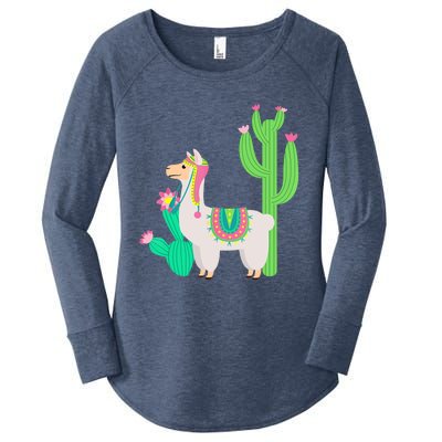 Cute Llama With Flower & Cactus Funny Camelid Lovers Outfit Women's Perfect Tri Tunic Long Sleeve Shirt