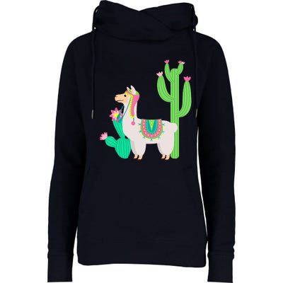 Cute Llama With Flower & Cactus Funny Camelid Lovers Outfit Womens Funnel Neck Pullover Hood