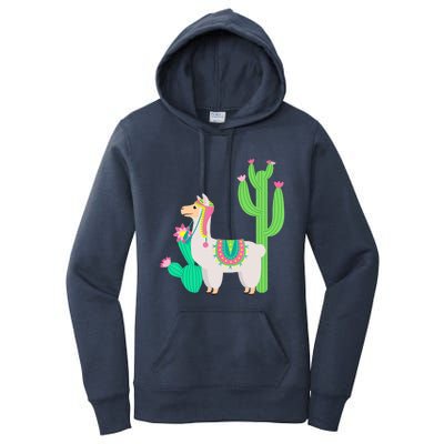 Cute Llama With Flower & Cactus Funny Camelid Lovers Outfit Women's Pullover Hoodie