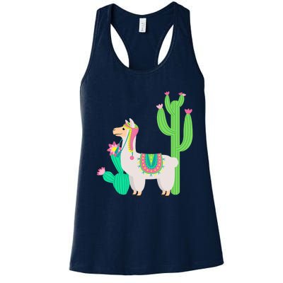 Cute Llama With Flower & Cactus Funny Camelid Lovers Outfit Women's Racerback Tank