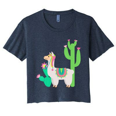 Cute Llama With Flower & Cactus Funny Camelid Lovers Outfit Women's Crop Top Tee