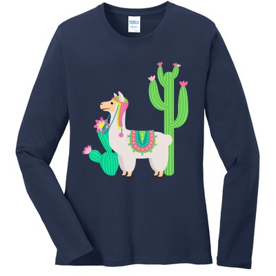 Cute Llama With Flower & Cactus Funny Camelid Lovers Outfit Ladies Long Sleeve Shirt