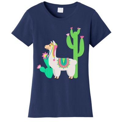 Cute Llama With Flower & Cactus Funny Camelid Lovers Outfit Women's T-Shirt