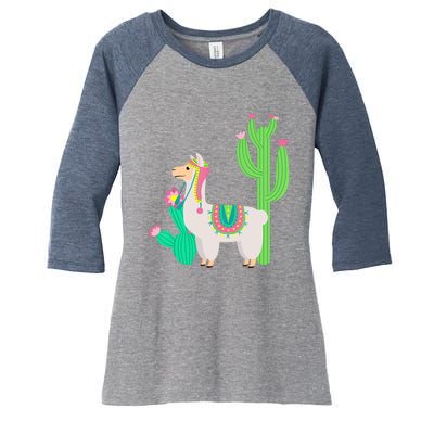 Cute Llama With Flower & Cactus Funny Camelid Lovers Outfit Women's Tri-Blend 3/4-Sleeve Raglan Shirt